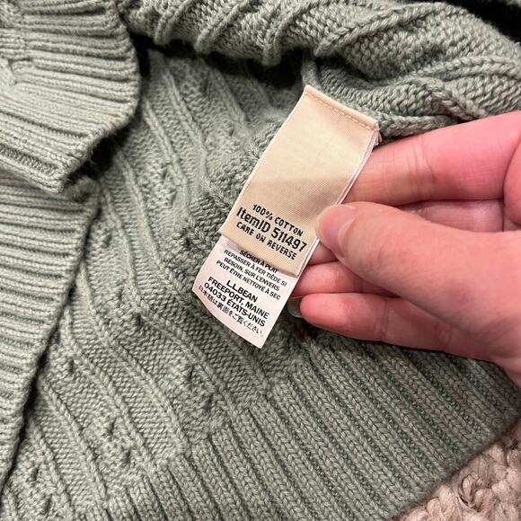 LL Bean Cable Knit Collared Sweater Sz M Green Fisherman Cotton Preppy - Picture 5 of 6